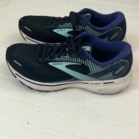 Brooks Ghost 14 Athletic Shoes Navy and Green Mesh Running Footwear - Picture 5 of 11